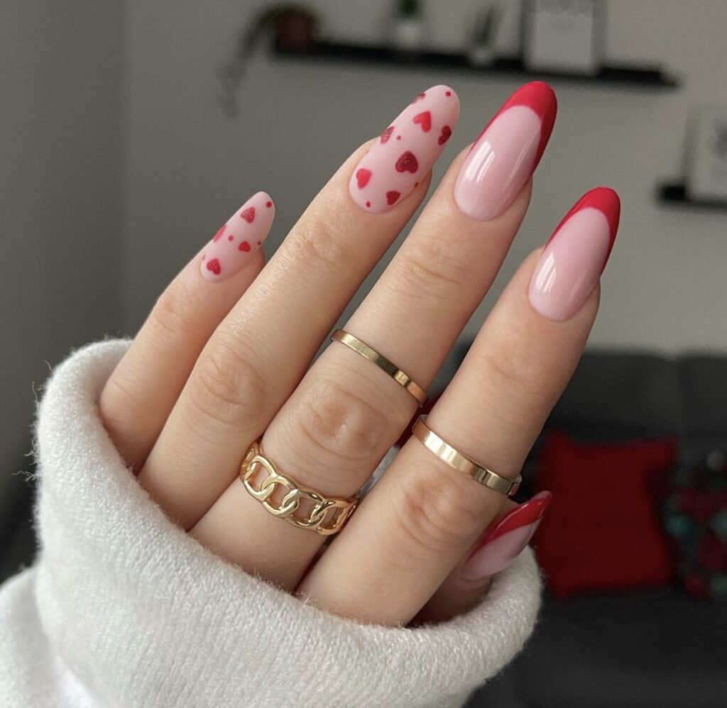 valentines day nails nude and red