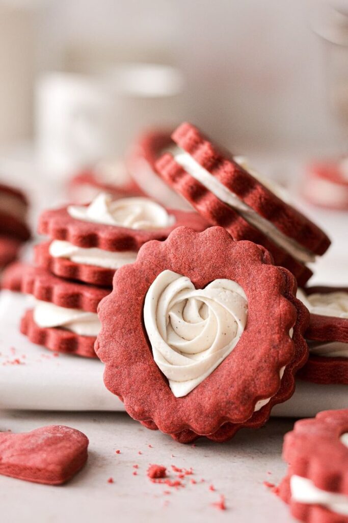 Buttercream Filled Red and White Valentine Linzer Cookies