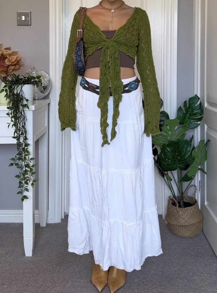 trendy maxi skirt with a belt and wrap top - boho outfit aesthetic