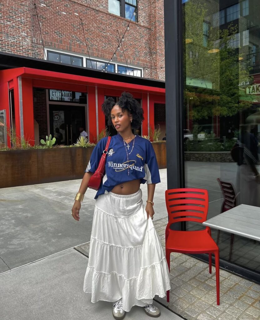 trendy bloke core outfit with a white maxi skirt and jersey top - trendy summer outfit