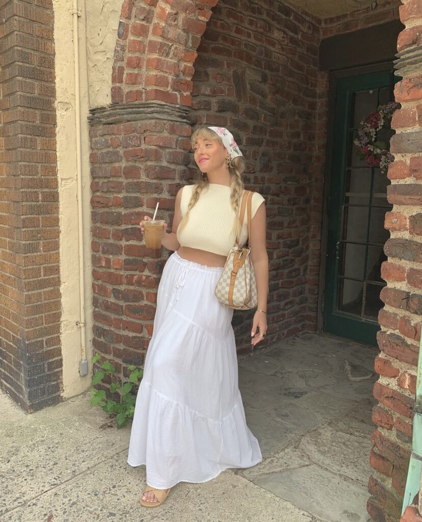 cute and casual white maxi skirt look with a yellow crop top and a bandana scarf - casual summer outfit