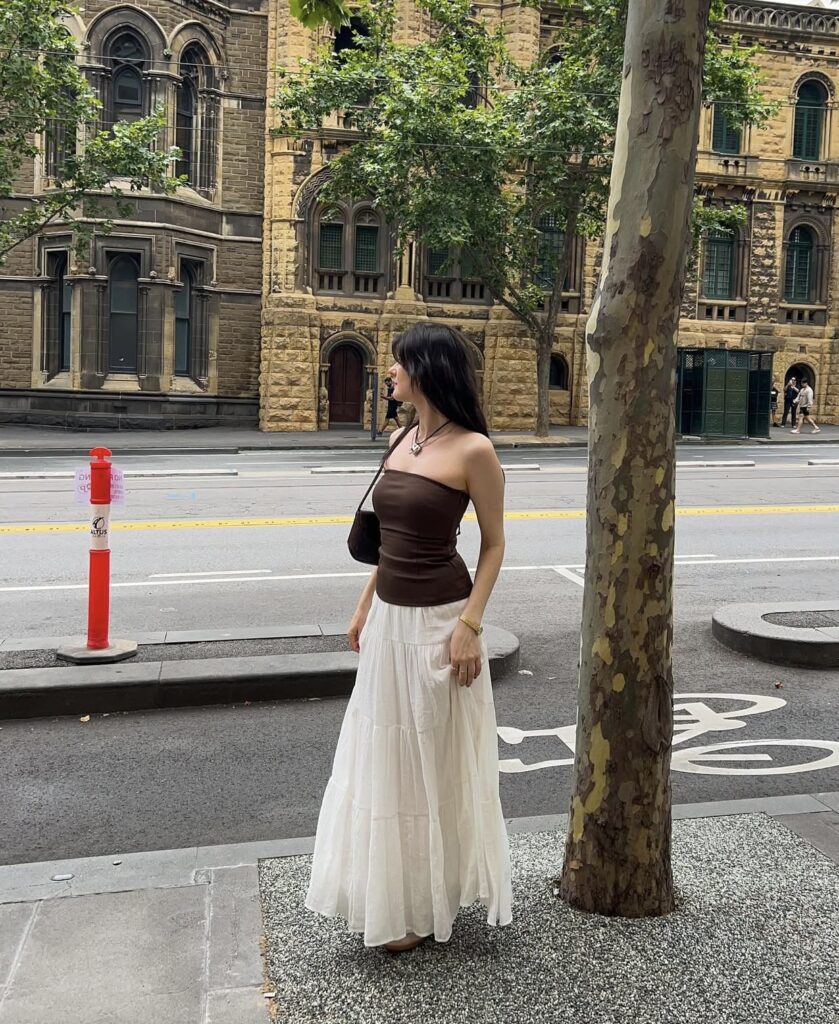 elegant long white skirt with a tube top for a summer date