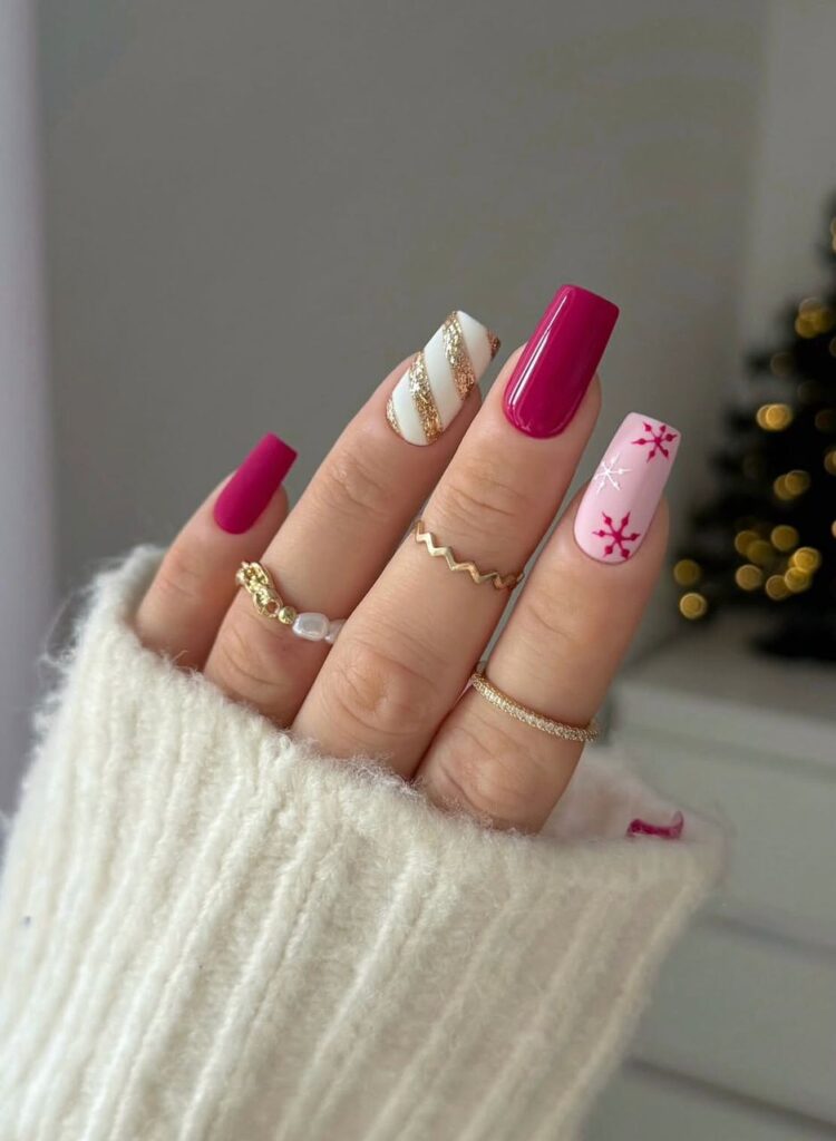 gold and red christmas nails