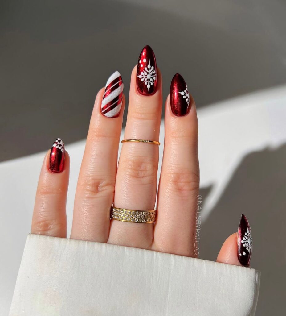 white and red christmas nails