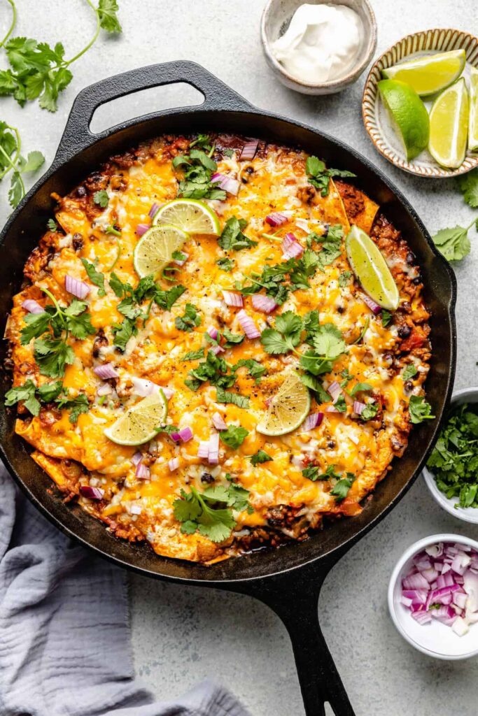 one pan dinner ideas - beef enchilada casserole